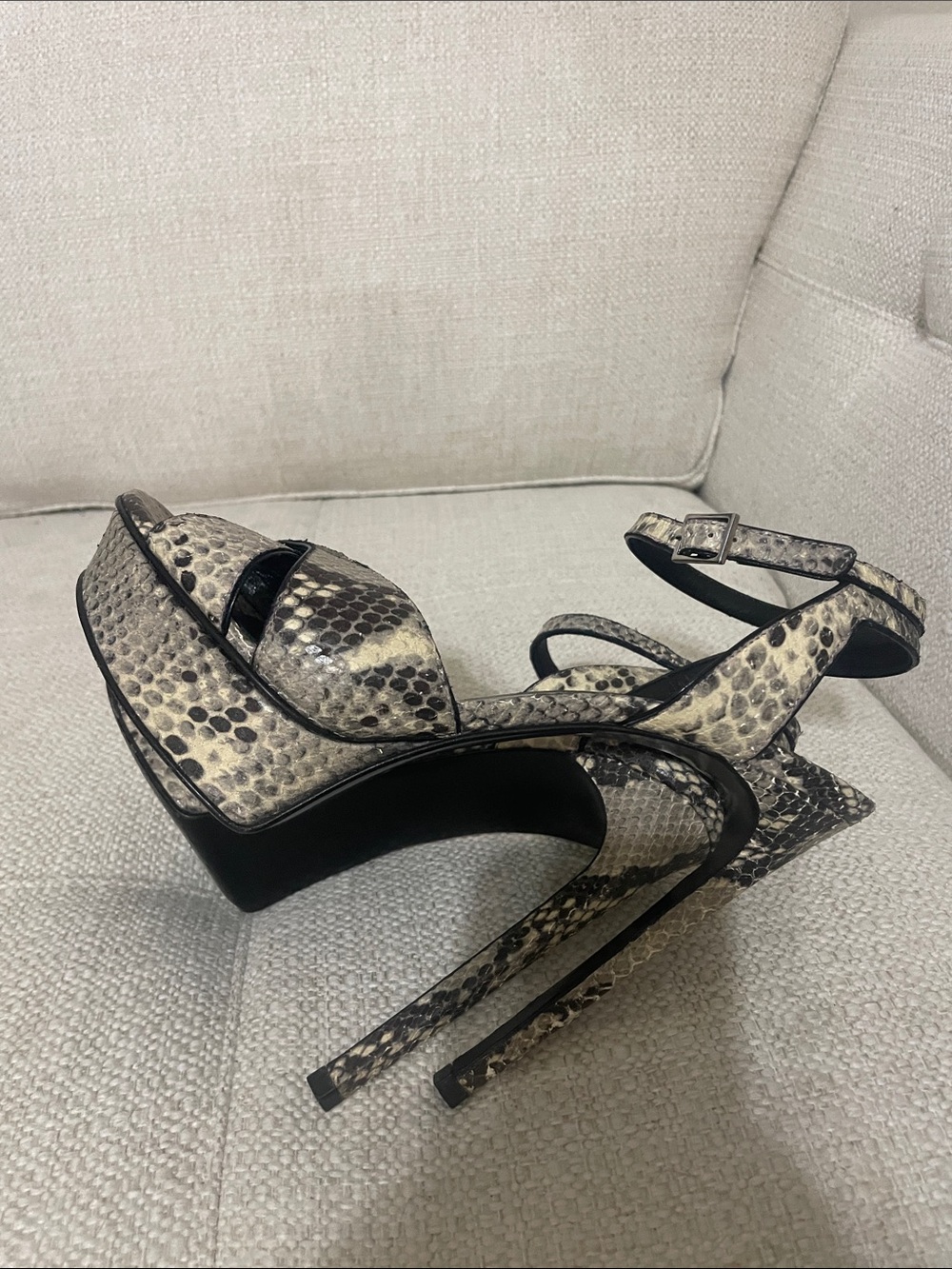 Saint Laurent Black & Neutral Snake-Print Ankle Strap Heels - Picture 6 of 8
